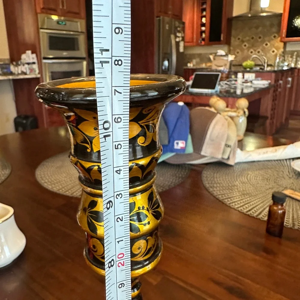 Khokhloma Candlestick Vintage Russian Folk Art Black‎ Gold Floral Lacquered Wood